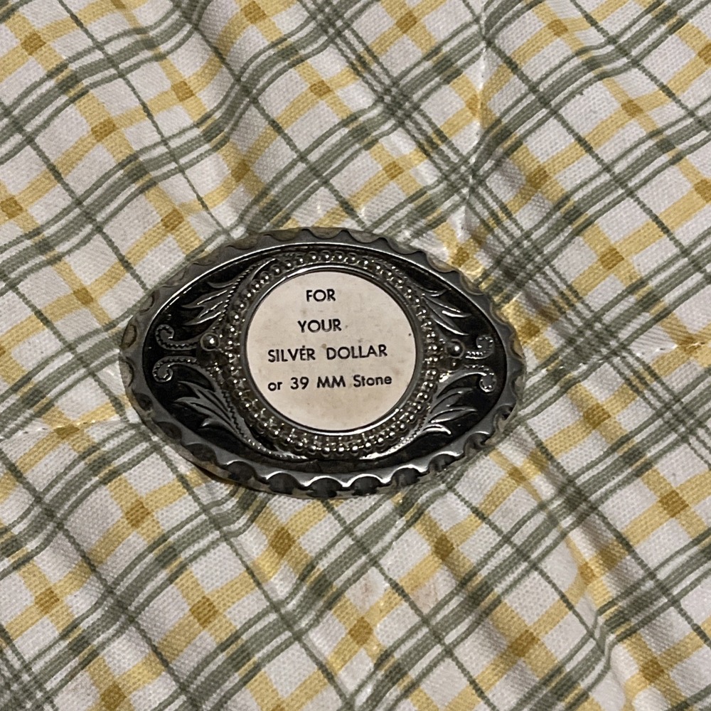 VTG Silver Shine Engraved Oval Belt Buckle Silver Dollar 39mm Stone Holder Brass